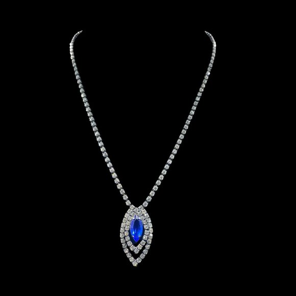 Vintage Blue Rhinestone Pendant Necklace Glam Elegant Coquette Old Money Formal - Picture 3 of 8